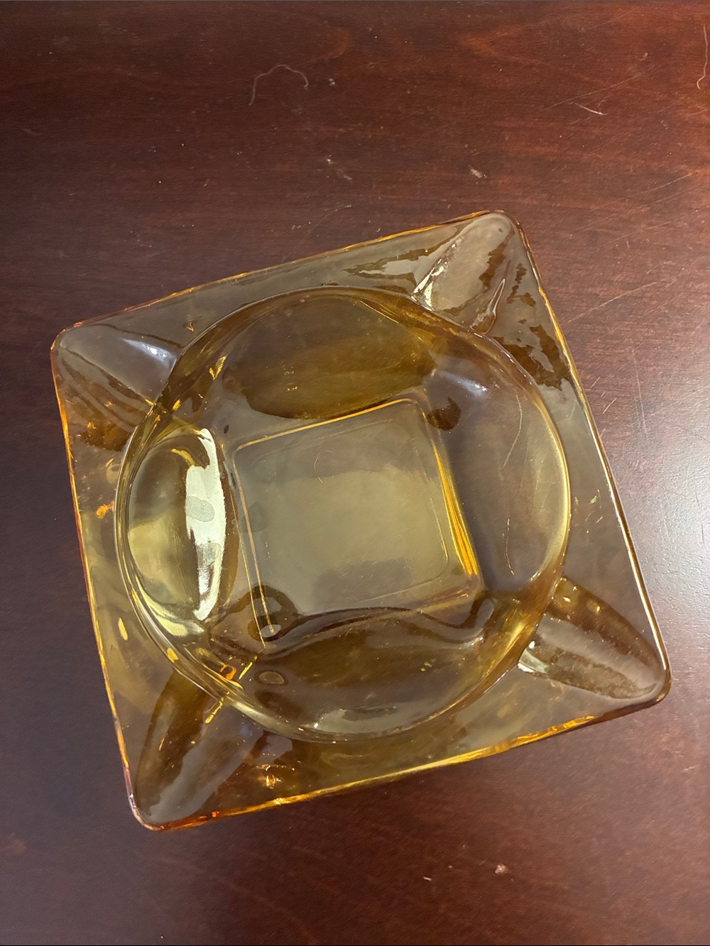 Vintage Anchor Hocking MCM Amber Gold Glass Decorative Ashtray 4" Square